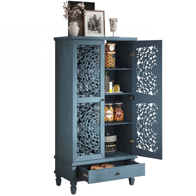 Tall Storage Cabinet with Drawer, Decorative 2-Door Carved Wood Accent Cabinet