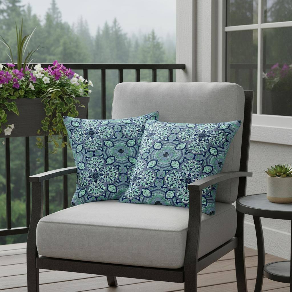 HomeRoots Set of Two 16" X 16" Blue and Green Blown Seam Floral Indoor Outdoor Throw Pillow - 16.00' X '16.00' X '5.00