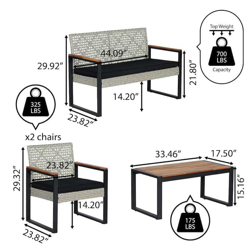 Thom 4-Piece Modern Coastal Faux Wicker Conversation Outdoor Patio Set, by JONATHAN Y
