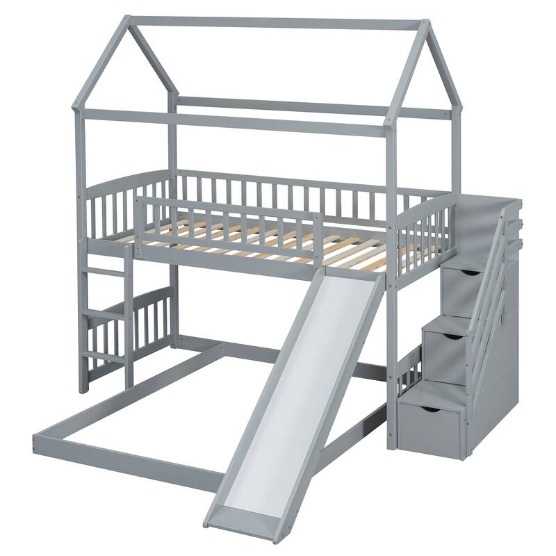 Twin Over Full Bunk Bed with Slide and Storage, Gray