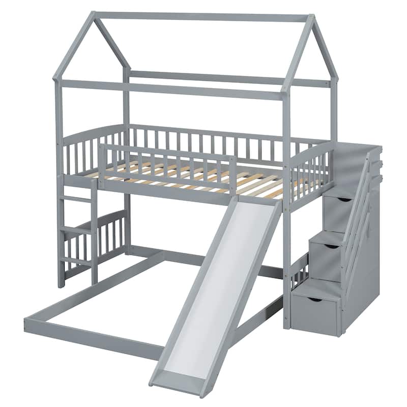 Twin over Twin Pine Wood Bunk Bed with Two Drawers and Slide