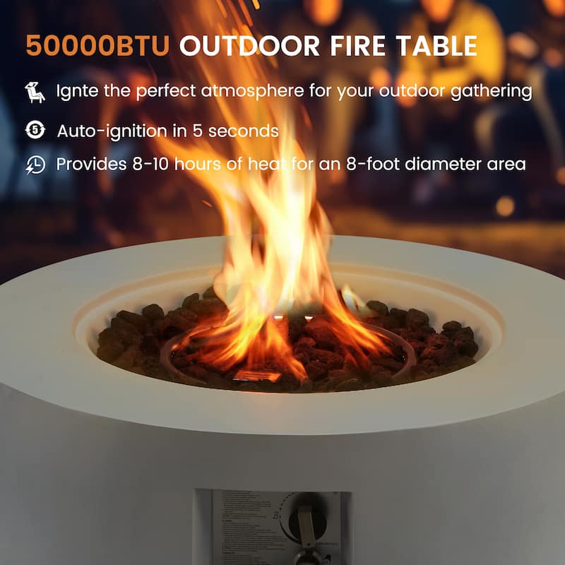 AVAWING 50,000 BTU 30" Outdoor White Round Propane Fire Pit Table and Set (Set Includes Tank Holder)