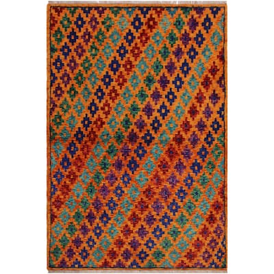 Modern Balochi Fry Orange/Blue Hand Knotted Wool Rug - 3'4'' x 4'10''