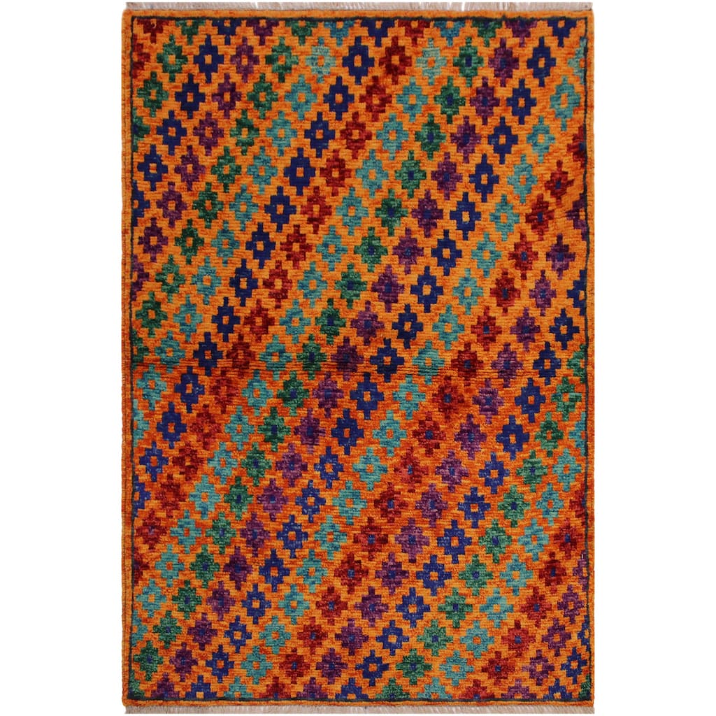 Modern Balochi Fry Orange/Blue Hand Knotted Wool Rug - 3'4'' x 4'10''