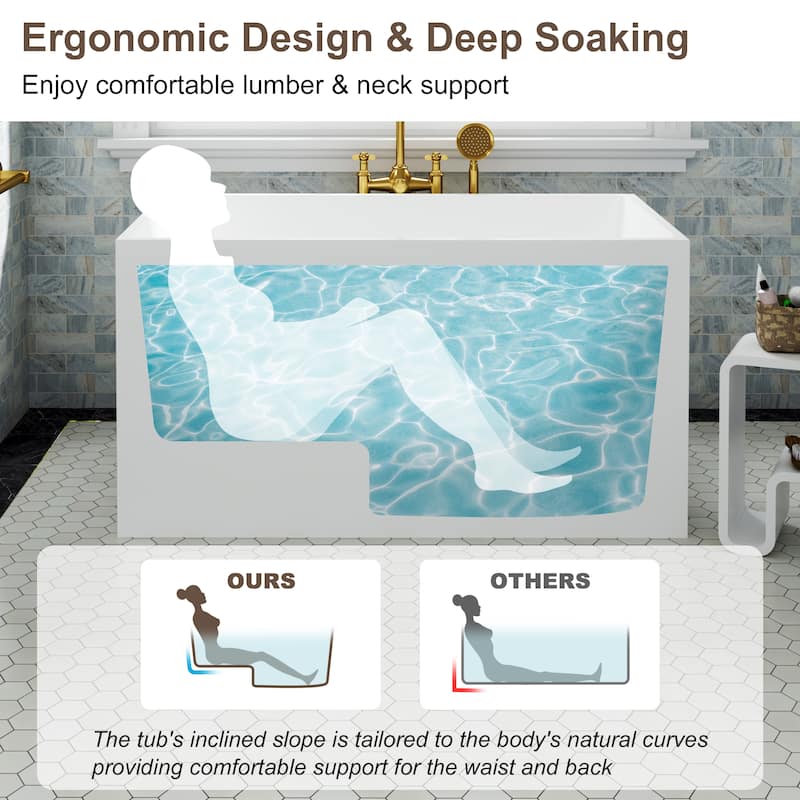 43 in. Freestanding Acrylic Japanese Soaking Bathtub, Compact Space-Saving Design with Included Drainer