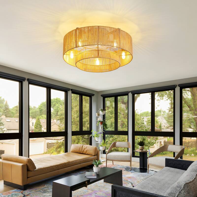20" Boho Ceiling Fan with Lights 6-Speed Flush Mount Modern Ceiling Fan - 5-Light