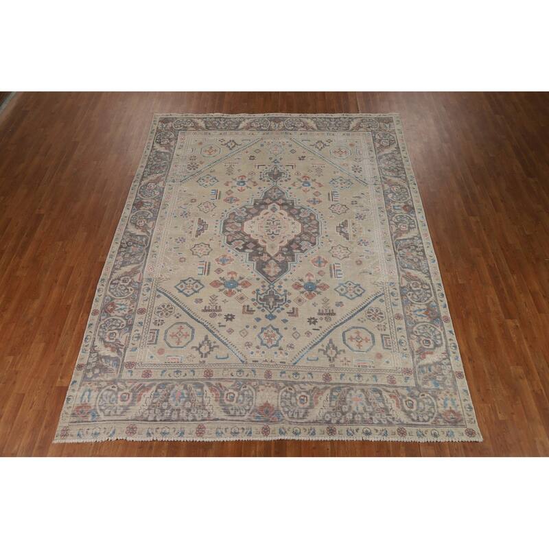 Geometric Tabriz Persian Rug Handmade Beige Wool Carpet - 8'2"x 10'9"