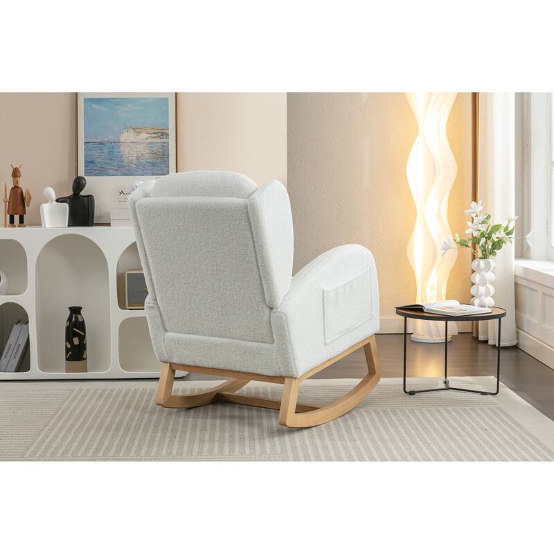 Anmytek Ivory Teddy Fabric Rocking Chair with Wooden Legs - Comfort Accent Rocker