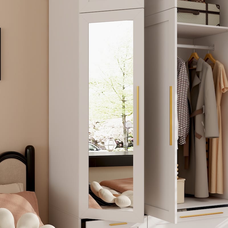 Modern White Wardrobe Closet with Mirror - Multi-Functional Bedroom Storage Cabinet