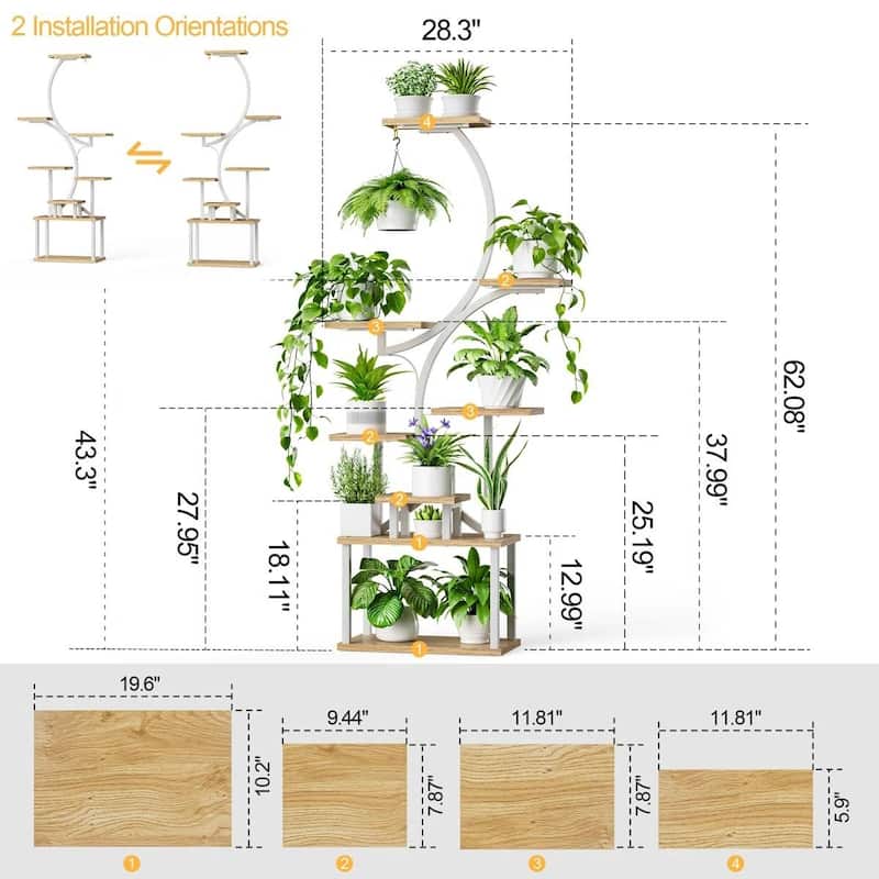Wood Metal 8-Tier Indoor Plant Stand with S-Shape and Grow Lights - 19.6'' W X 10.2'' D x 62'' H
