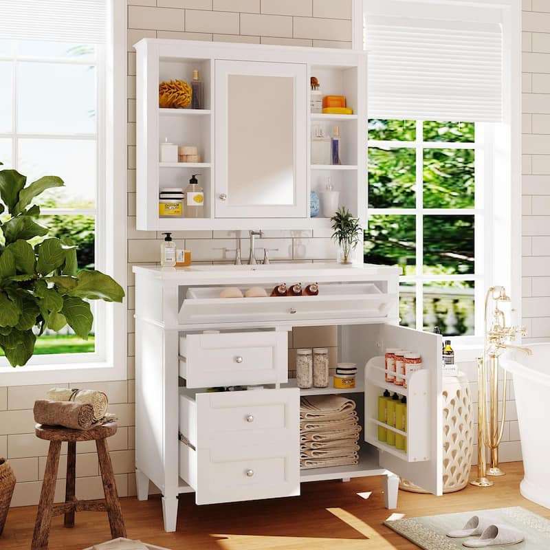 36'' Bathroom Vanity with Top Sink - Modern Storage Cabinet with Mirror - White