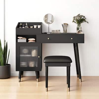 Makeup Vanity Table with USB/Power Outlets, 2 Drawers, Glass Cabinet, Shelf & Stool, 44" Wide Dressing Desk
