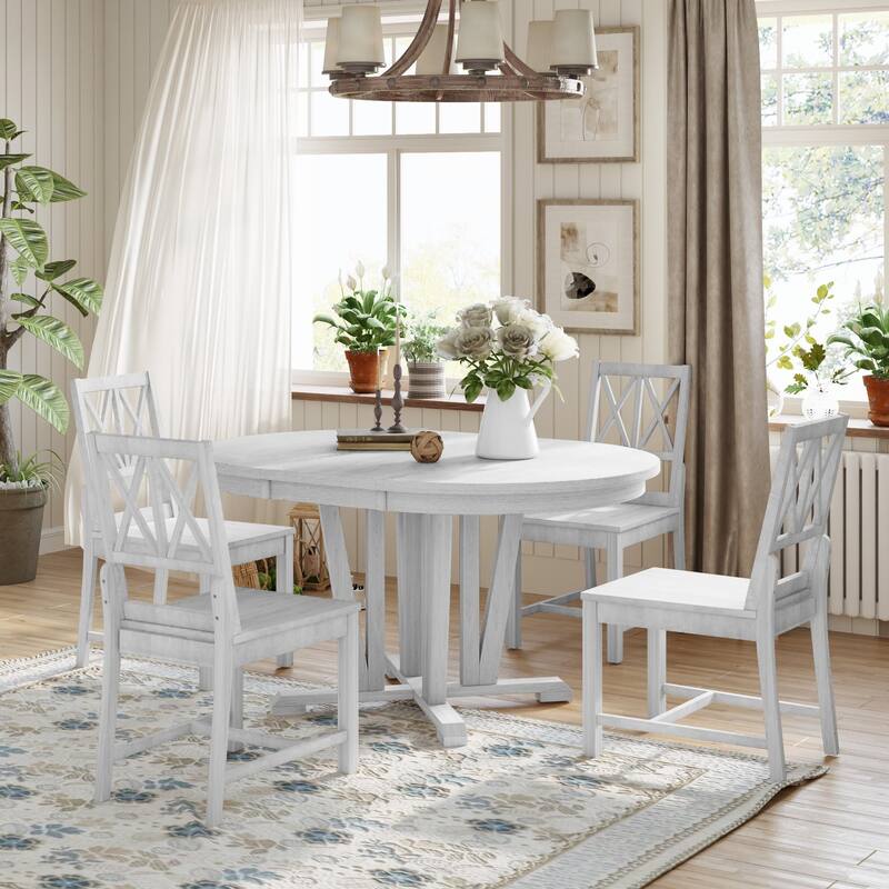 Rustic Rectangular 5-Piece Wood Dining Table Set 4-Person Dining Set with Round Extendable Table and 4 Cross Back Dining Chairs
