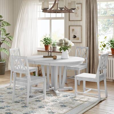 Solid Wood Extendable Round Table and X Back Chairs 5-piece Dining Set