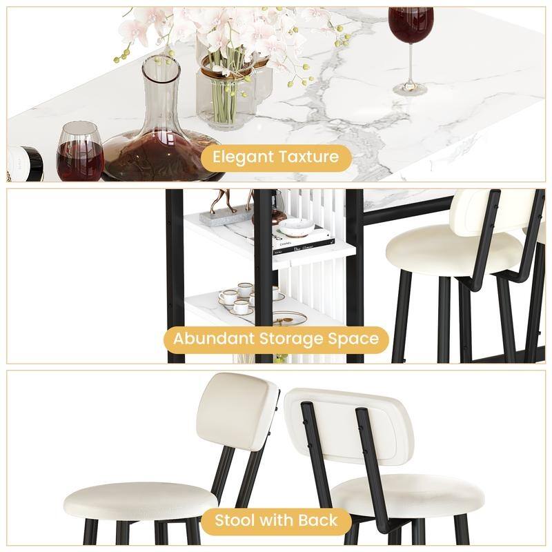 3-Piece Dining Room Table Set with 2 Upholstered Bar Stools, Modern Farmhouse Bar Table Set for 2 with Multiple Tier Shelves