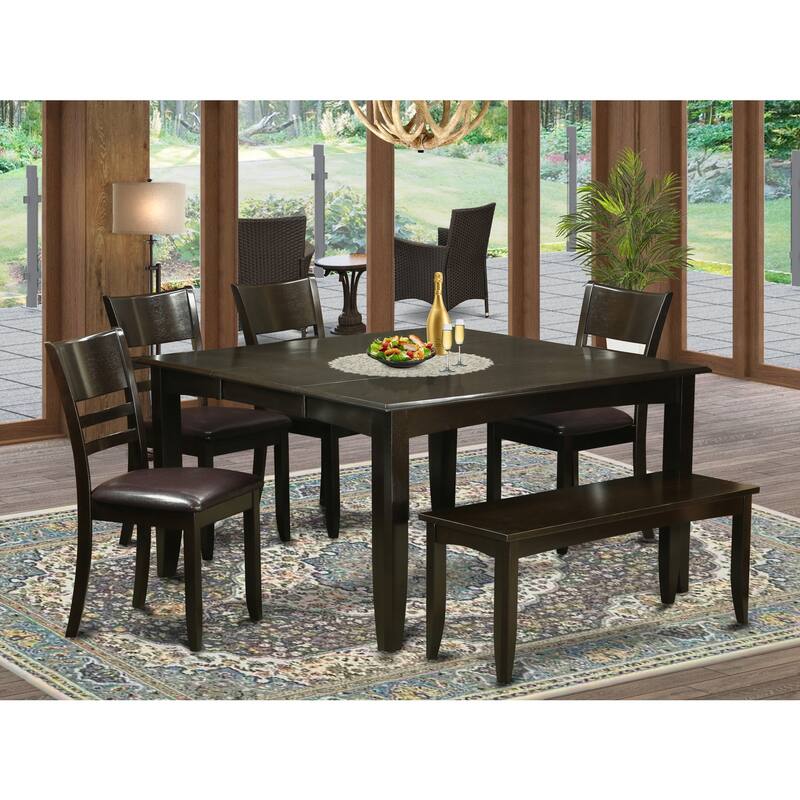 HomeStock 6-Piece Square Cappuccino Finish Solid Wood Top dining Table with 1-Bench and 4-Chairs