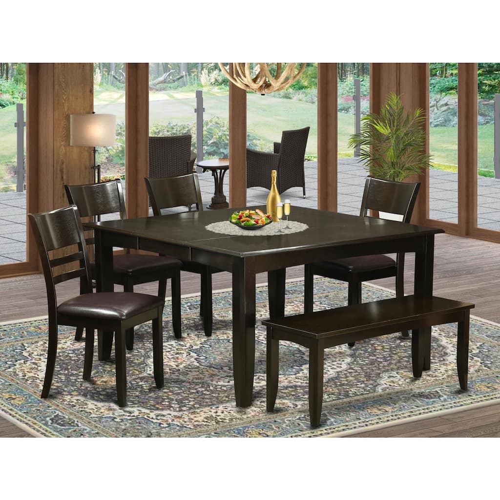 HomeStock 6-Piece Square Cappuccino Finish Solid Wood Top dining Table with 1-Bench and 4-Chairs