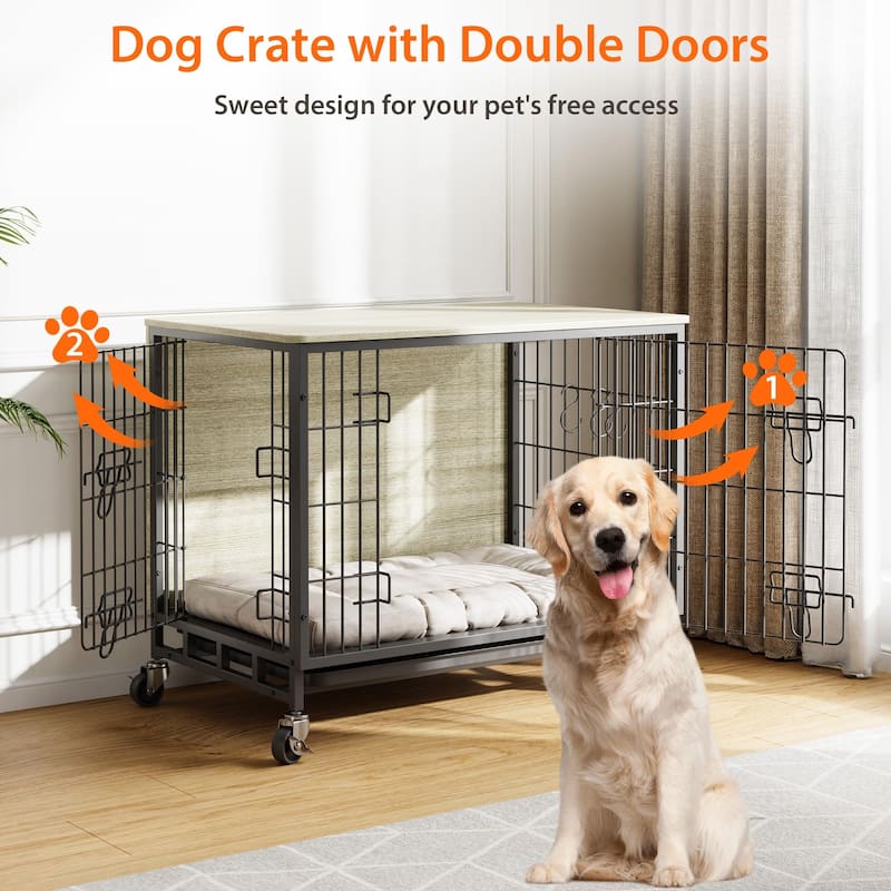 Dog Crate Furniture with Double Doors, Cage with Wheels and Tray