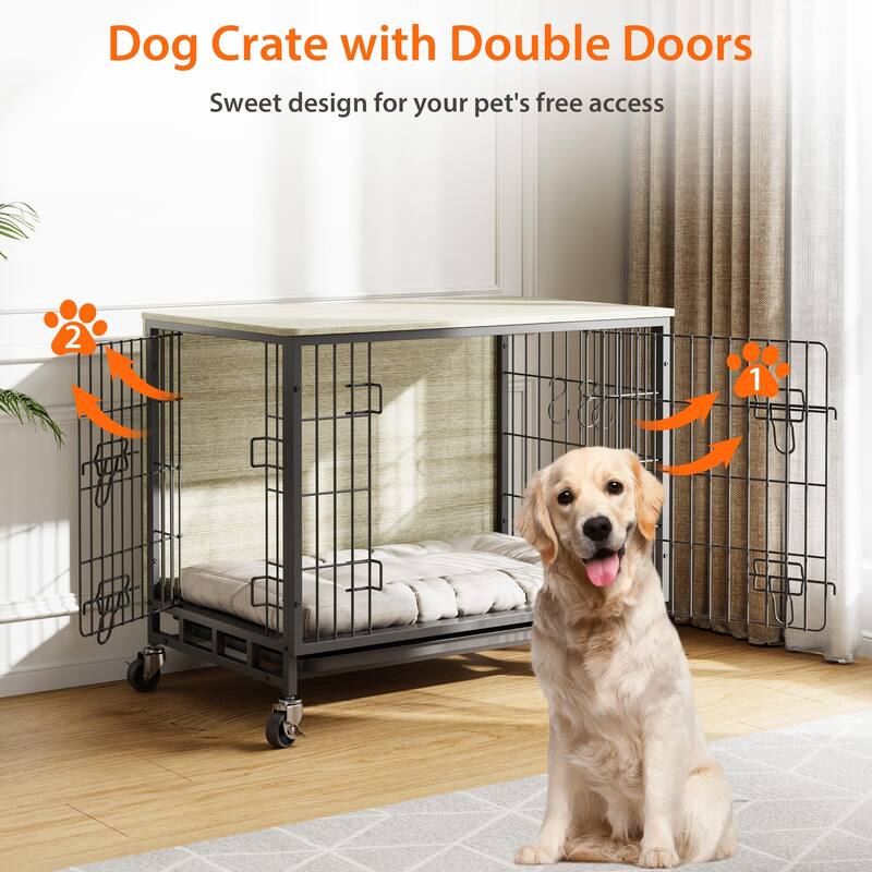 Dog Crate Furniture with Wheels, Indoor Kennel Table for Medium Dogs