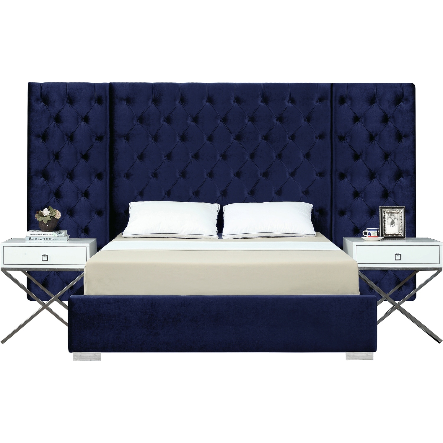 Velvet Upholstered Bed - Modern Button Tufted Design, King Size, Chrome Legs, Navy Blue Bedroom Furniture