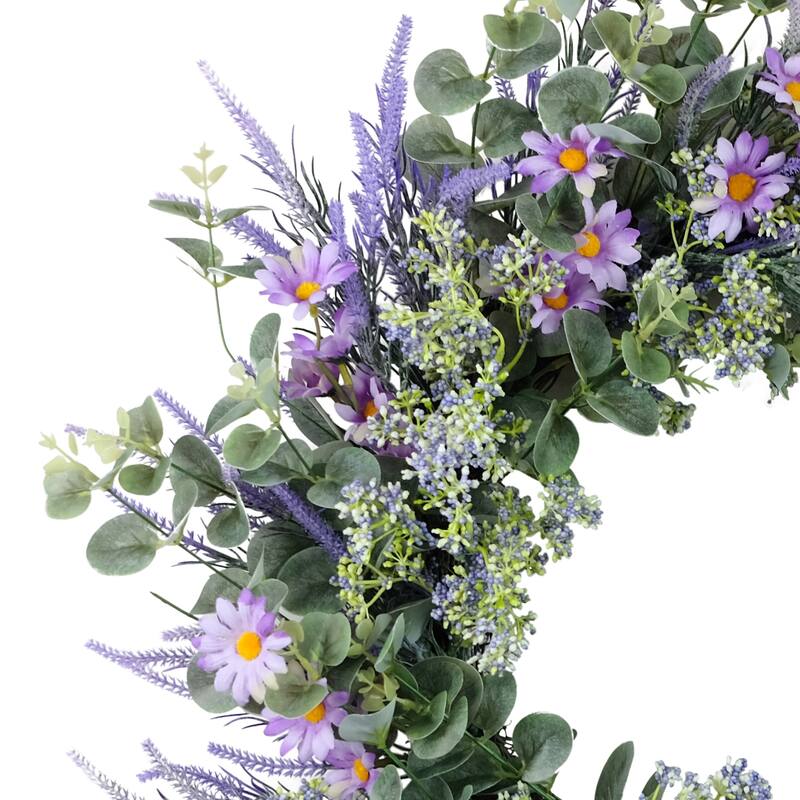 Daisy Lavender and Eucalyptus Artificial Floral Spring Wreath - 24" - Green and Purple
