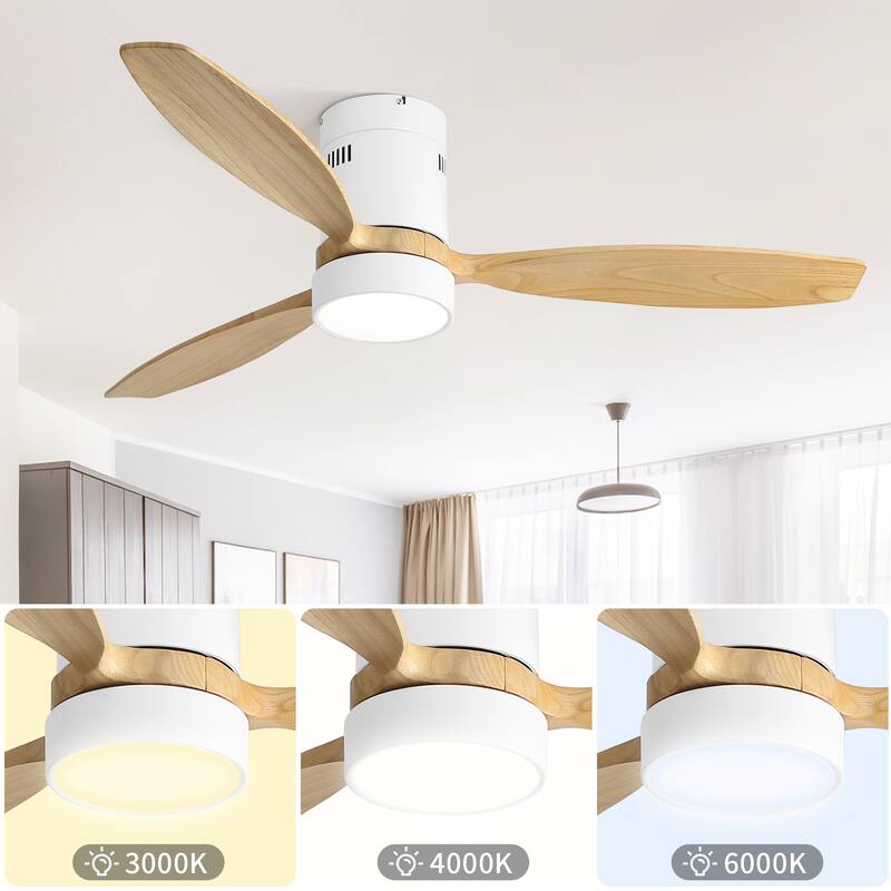 52 Inch Flush Mount Ceiling Fan with Light and Remote, 3 Solid Wood Fan Blades, Noiseless Reversible Motor Ceiling Fan, White - White