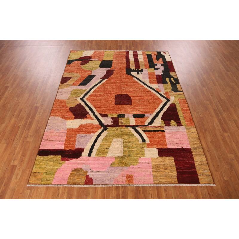 Geometric Moroccan Oriental Area Rug Orange Hand-Knotted Wool Carpet - 7'1" x 9'8"