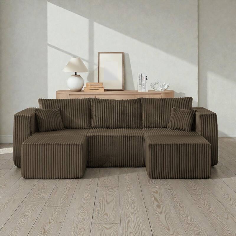 Compact Modular Sectional Sofa, Compressed Corduroy Cloud Couch, No Assembly Space Saving Sofa for Apartment - Brown
