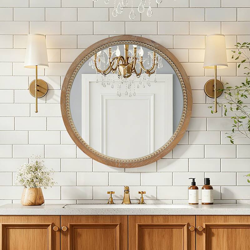 Round Distressed Wood Beaded Wall Mirror - Natural Wood