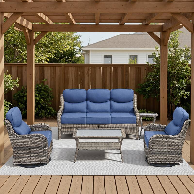 Meyreso 7-Piece Wicker Patio Conversation Set with Swivel Gliders and 6-Inch Thick Cushions - Gray/Navy Blue - 5-Piece