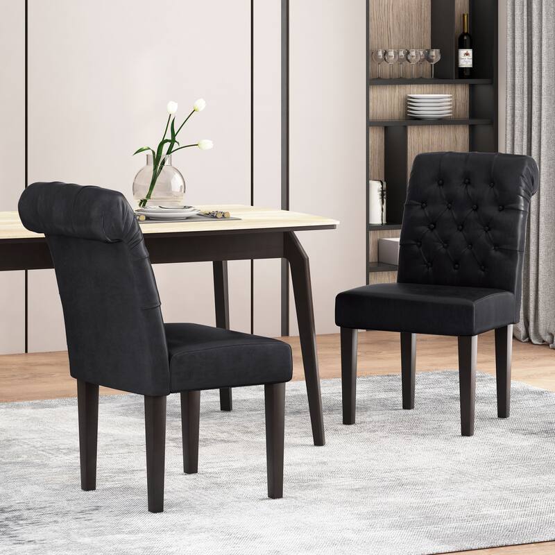 Roomfitters Set of 2 Black Tufted Dining Chairs, Upholstered Roll Top Kitchen Seating with Sturdy Legs, Elegant Padded Accent