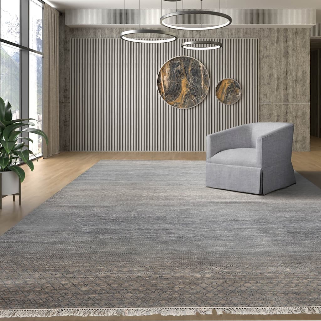 Slate Tibetan Wool & Bamboo Silk Hand Knotted Rug Geometric Style - 8' x 10'