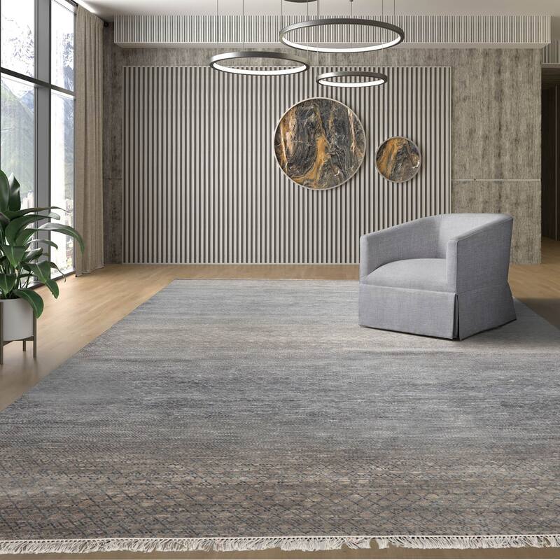 Slate Tibetan Wool & Bamboo Silk Hand Knotted Rug Geometric Style - 8' x 10'