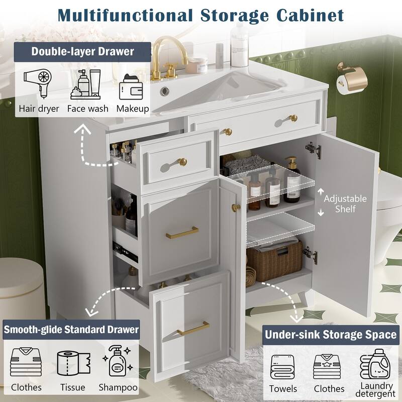 36" Bathroom Vanity with Ceramic Sink, Soft-Close Doors, Double Drawers & Adjustable Shelves - Freestanding Storage Cabinet