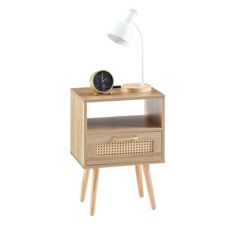 15.75"Rattan End table with Power Outlet &USB Ports，Modern nightstand with drawer and solid wood legs,side table for living room