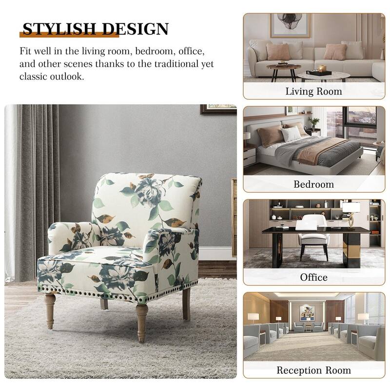 Geltrude Traditonal Floral Fabric Design Upholstered Accent Armchair with Turned Legs by HULALA HOME