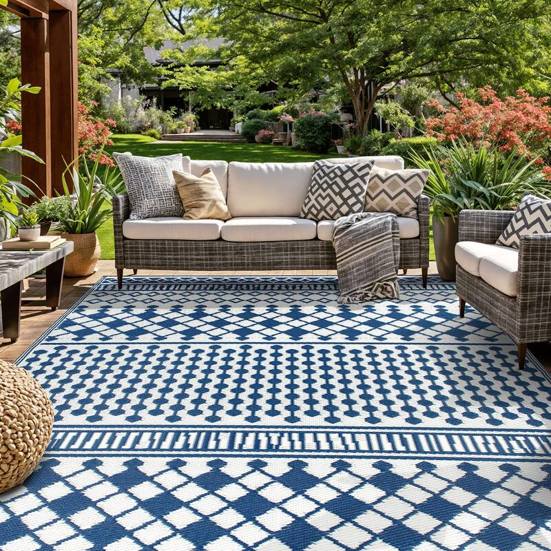 World Rug Gallery Contemporary Bohemian Geometric Reversible Recycled Plastic Outdoor Rugs - 7'10"X10' - Blue
