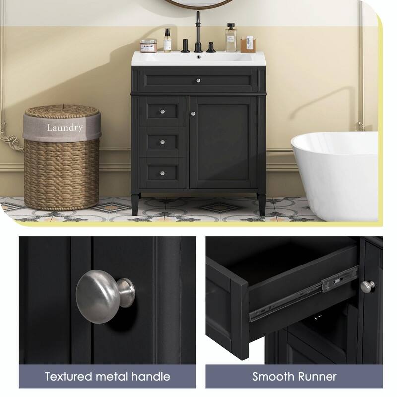 30'' Modern Bathroom Vanity with Top Sink, 2 Drawers and Tip-out Drawer