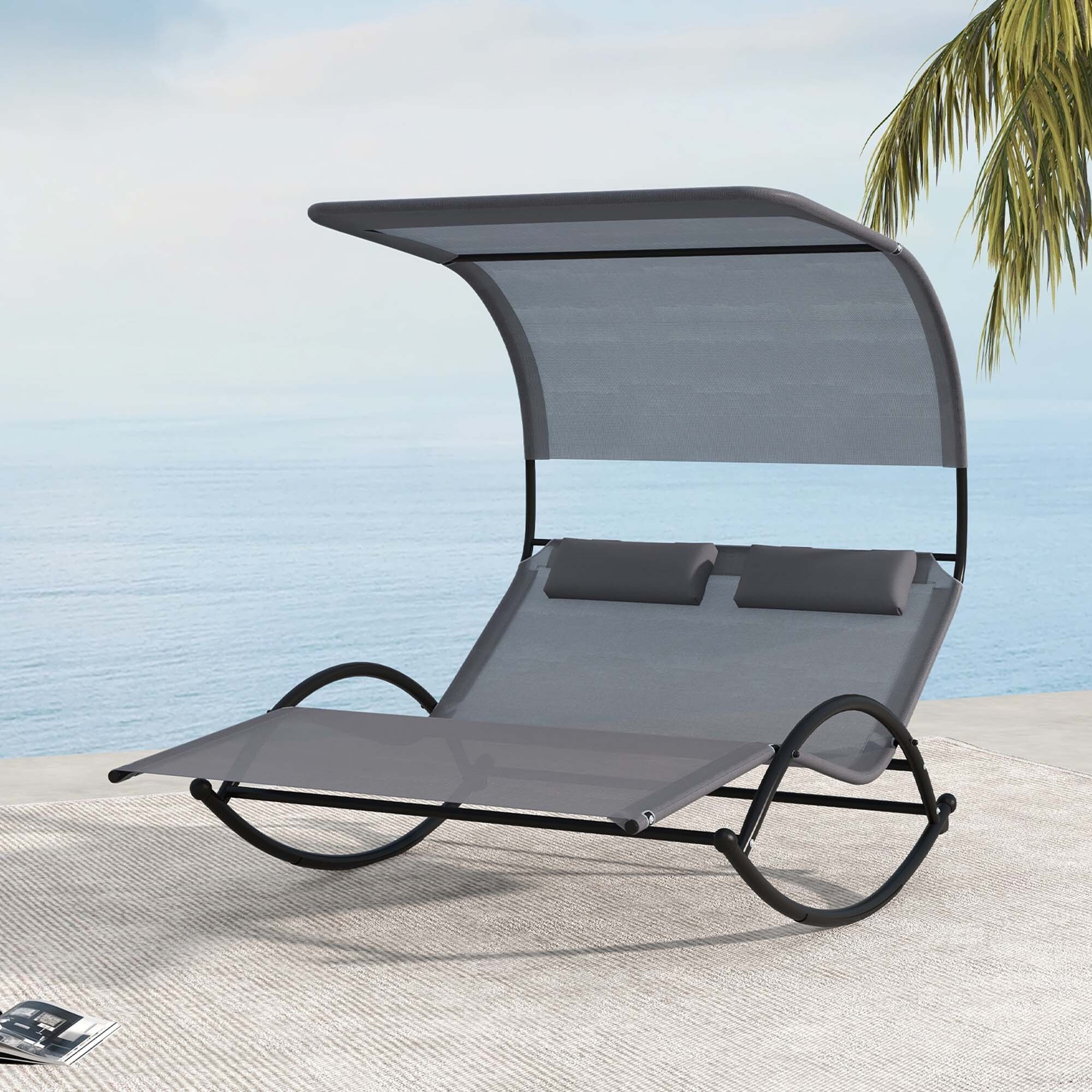 Outsunny Double Chaise Lounge With Canopy & Headrest Pillows - Steel Frame, 484 Lb Capacity, Portable Tanning Chair For Patio, Backyard, Pool - Grey