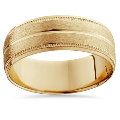 9mm Yellow Gold Mens Brushed Double Line Mens Wedding Band 9mm Ring