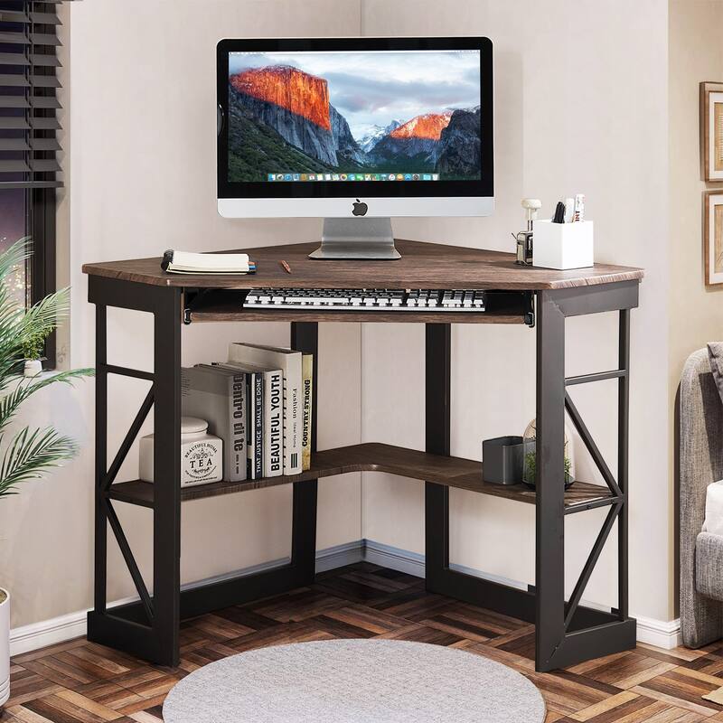 Javlergo Corner Desk with Keyboard Tray, Study Writing Computer Table for College Dorm Home Office - Dark Brown
