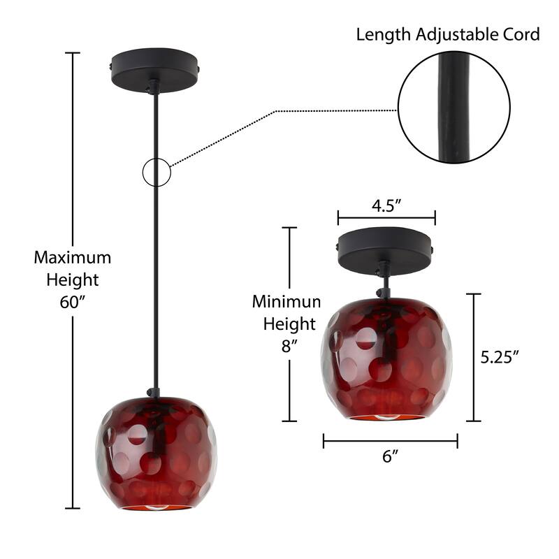 Quinn River of Goods Black Metal and Hand Blown Glass 6-Inch Pendant Light with Adjustable Hanging Cord - 6" x 6" x 60"