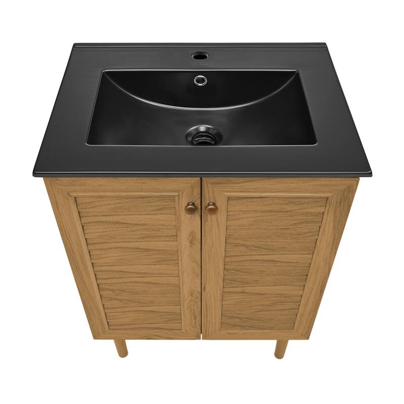 Bron 24 In. Brown Oak Bathroom Vanity With Black Ceramic Sink Top