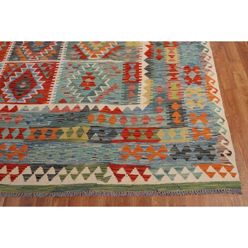 Geometric Colorful Kilim Oriental Area Rug Flatweave Wool Carpet - 9'9" x 13'0"