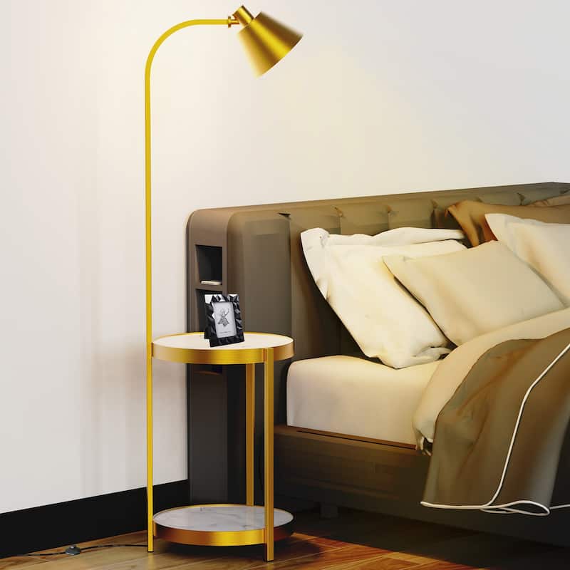 Home Floor Lamp with Side Table, USB Charging Port, Golden Iron Frame - 61"