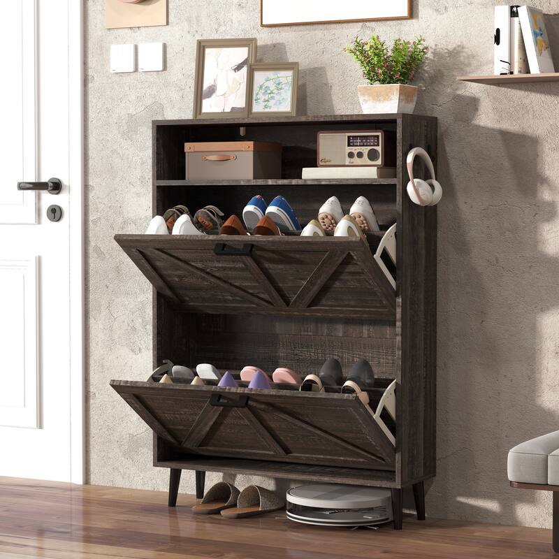GDFStudio - Charlotte Farmhouse Shoe Storage Cabinet with Barn Door Elegance and Smart Organization