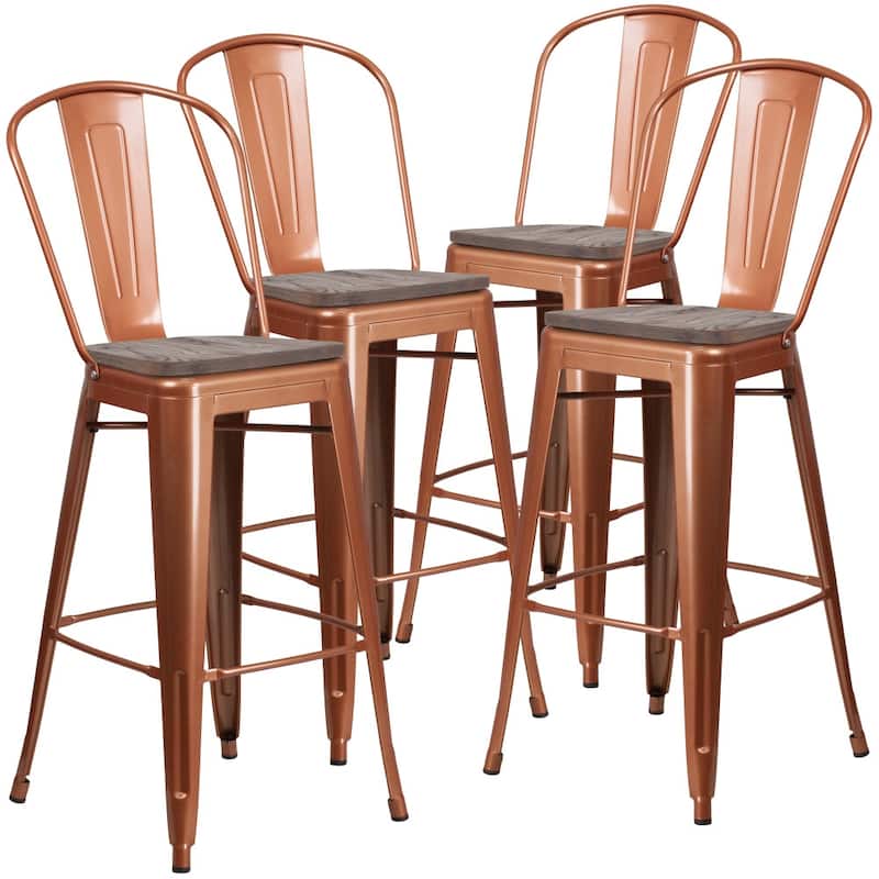 4 Pk. 30" High Metal Barstool with Back and Wood Seat - 18"W x 19"D x 46"H - 18"W x 19"D x 46"H
