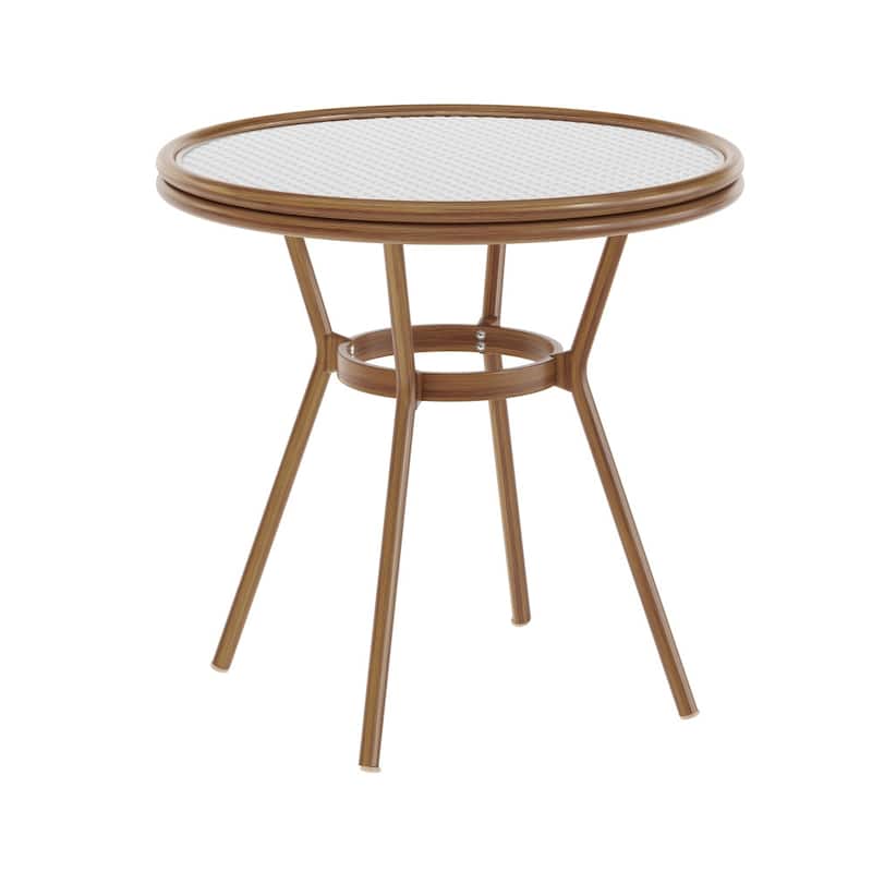 Indoor/Outdoor Commercial Glass Top Bistro Table - White & Gray Rattan/Natural Frame