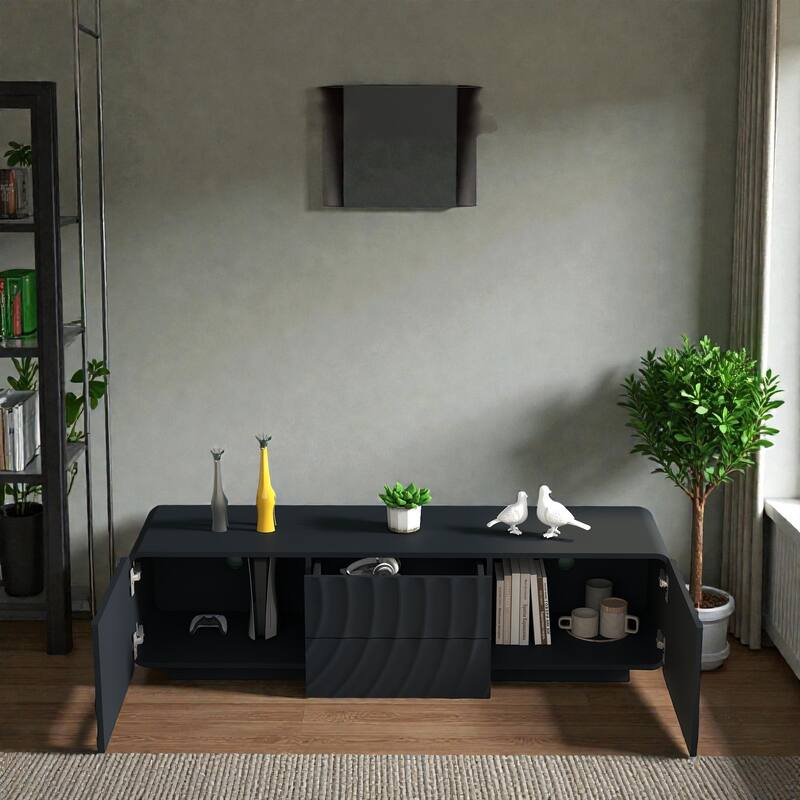 58 Inch Modern TV Stand with Spiral Wave Design, Storage Cabinet and Drawers, Media Console for Living Room