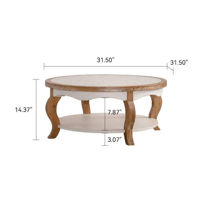 Roomfitters Round Wood Coffee Table with Tempered Glass Top, Curved Leg Center Table with Lower Shelf for Living Room, Natural